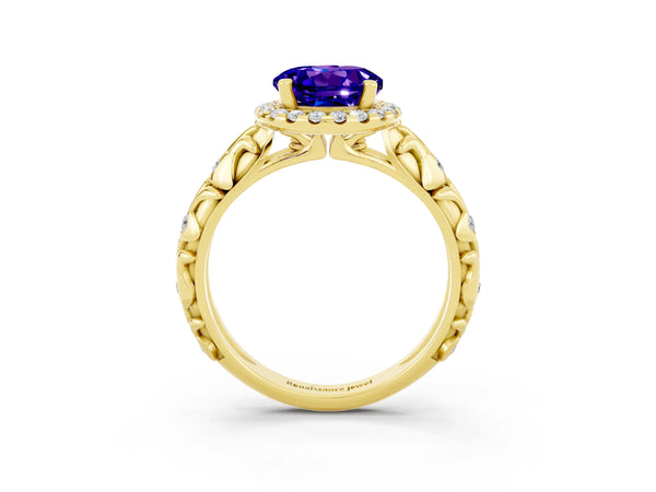 Yellow gold Round Cut Tanzanite Halo Ring with Filigree Band and Prong Setting