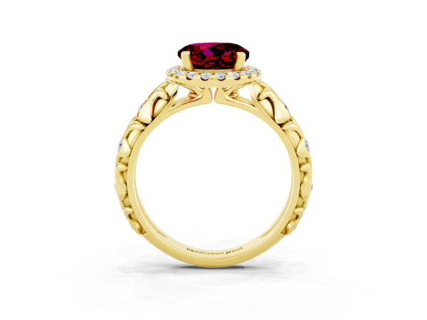 Yellow gold Round Cut Garnet Halo Ring with Filigree Band and Prong Setting
