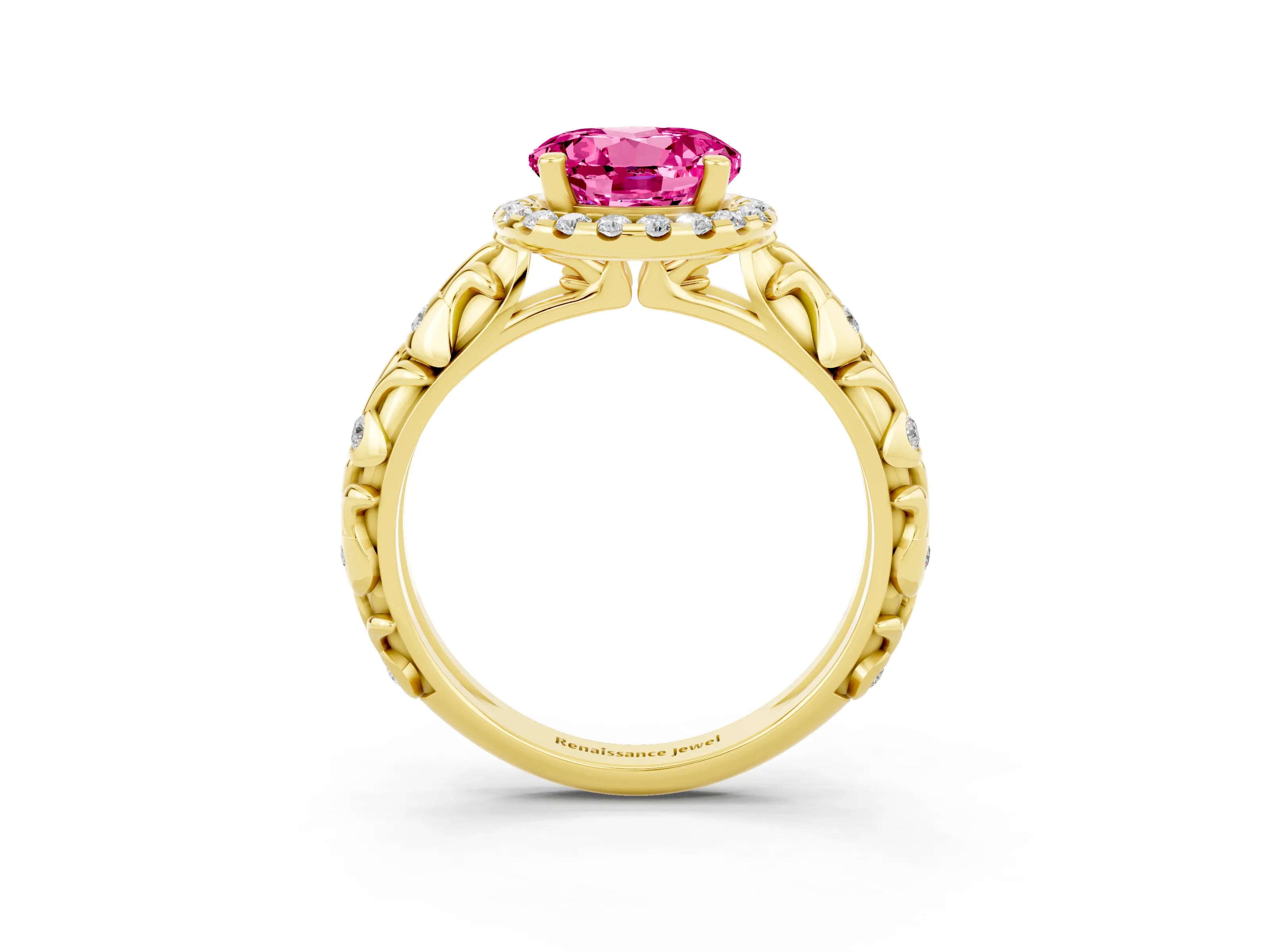 Yellow gold Round Cut Halo Diamond Solitaire with Filigree Band and Four-Prong Setting_3