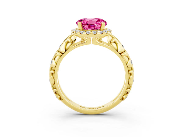 Yellow gold Round Cut Pink Sapphire Halo Ring with Filigree Band and Prong Setting