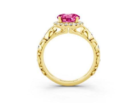 Yellow gold Round Cut Halo Diamond Solitaire with Filigree Band and Four-Prong Setting_3