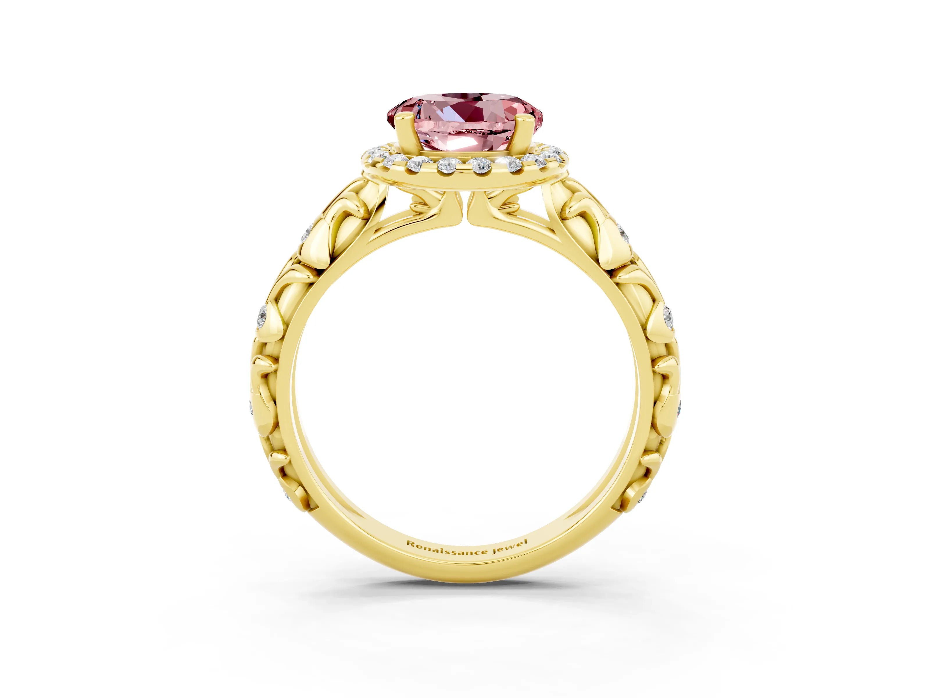 Yellow gold Round Cut Halo Diamond Solitaire with Filigree Band and Four-Prong Setting_3