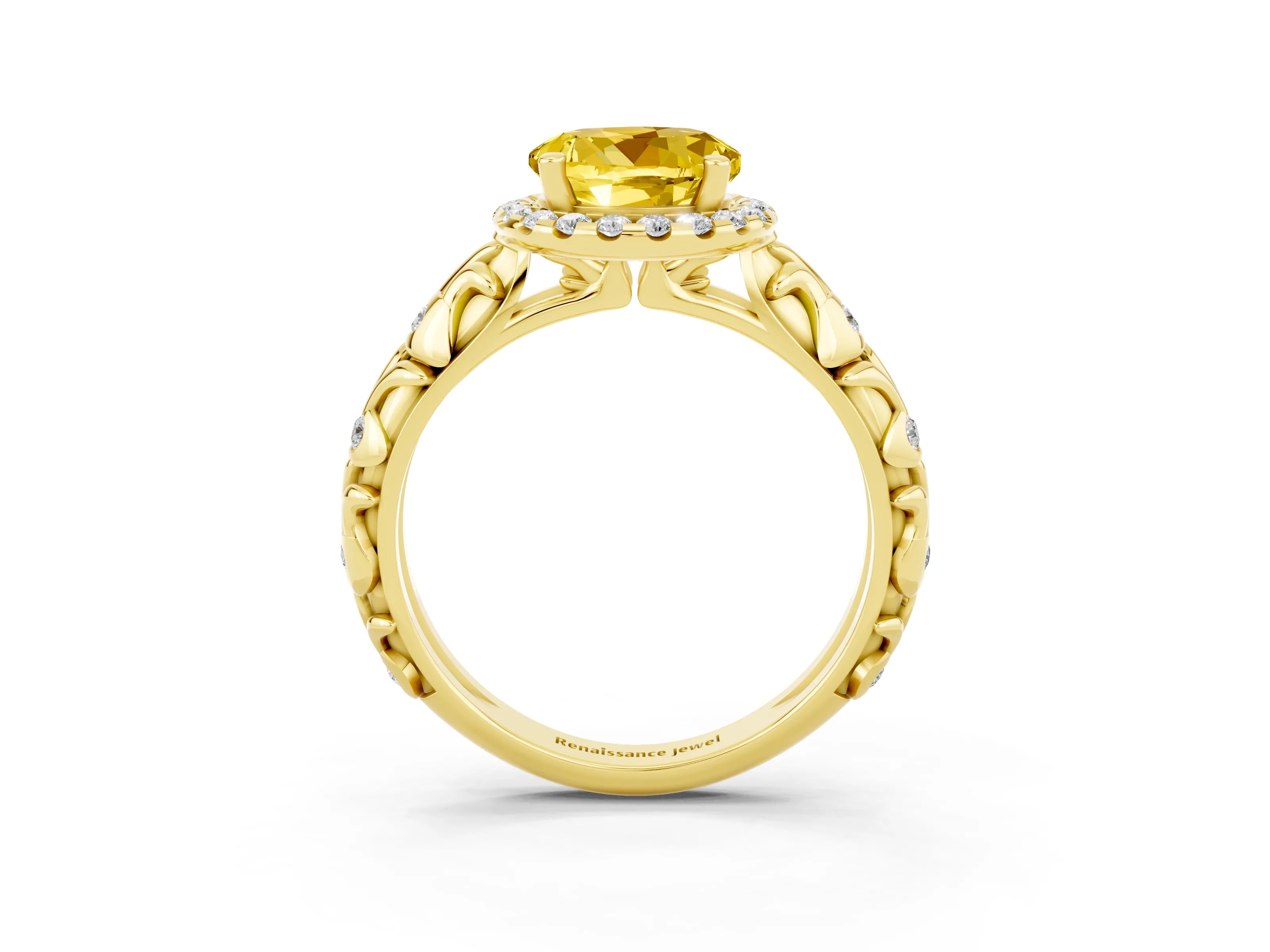 Yellow gold Round Cut Halo Diamond Solitaire with Filigree Band and Four-Prong Setting_3