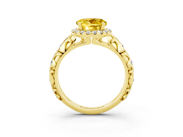 Yellow gold Round Cut Yellow Sapphire Halo Ring with Filigree Band and Prong Setting