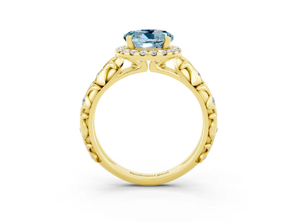 Yellow gold Round Cut Aquamarine Halo Ring with Filigree Band and Prong Setting