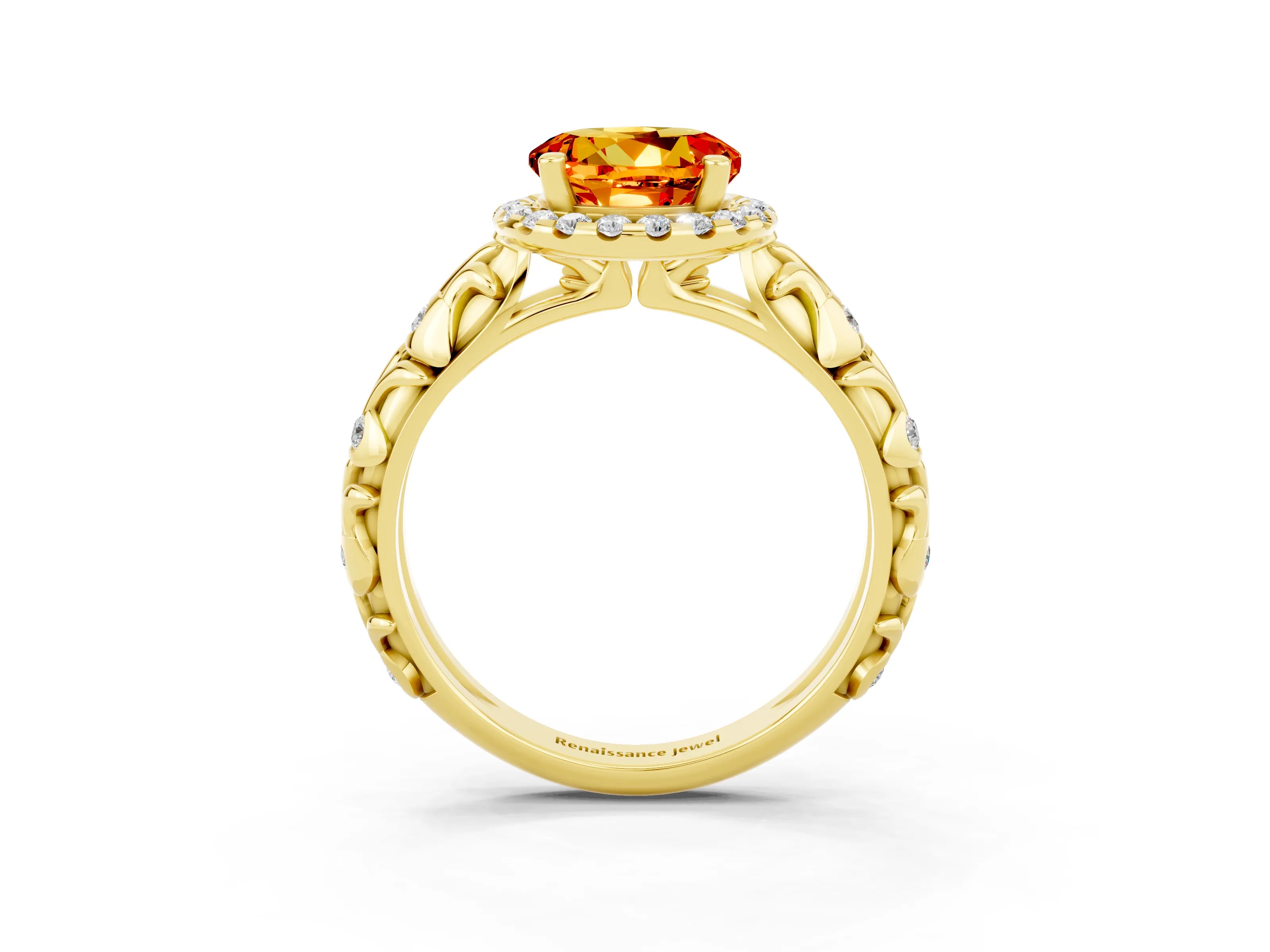 Yellow gold Round Cut Halo Diamond Solitaire with Filigree Band and Four-Prong Setting_3