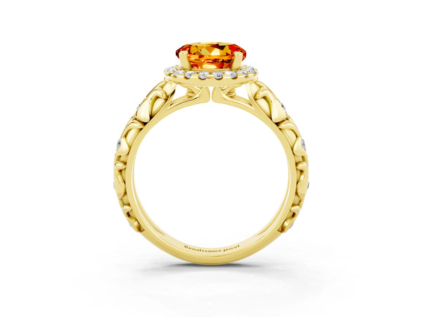 Yellow gold Round Cut Citrine Halo Ring with Filigree Band and Prong Setting