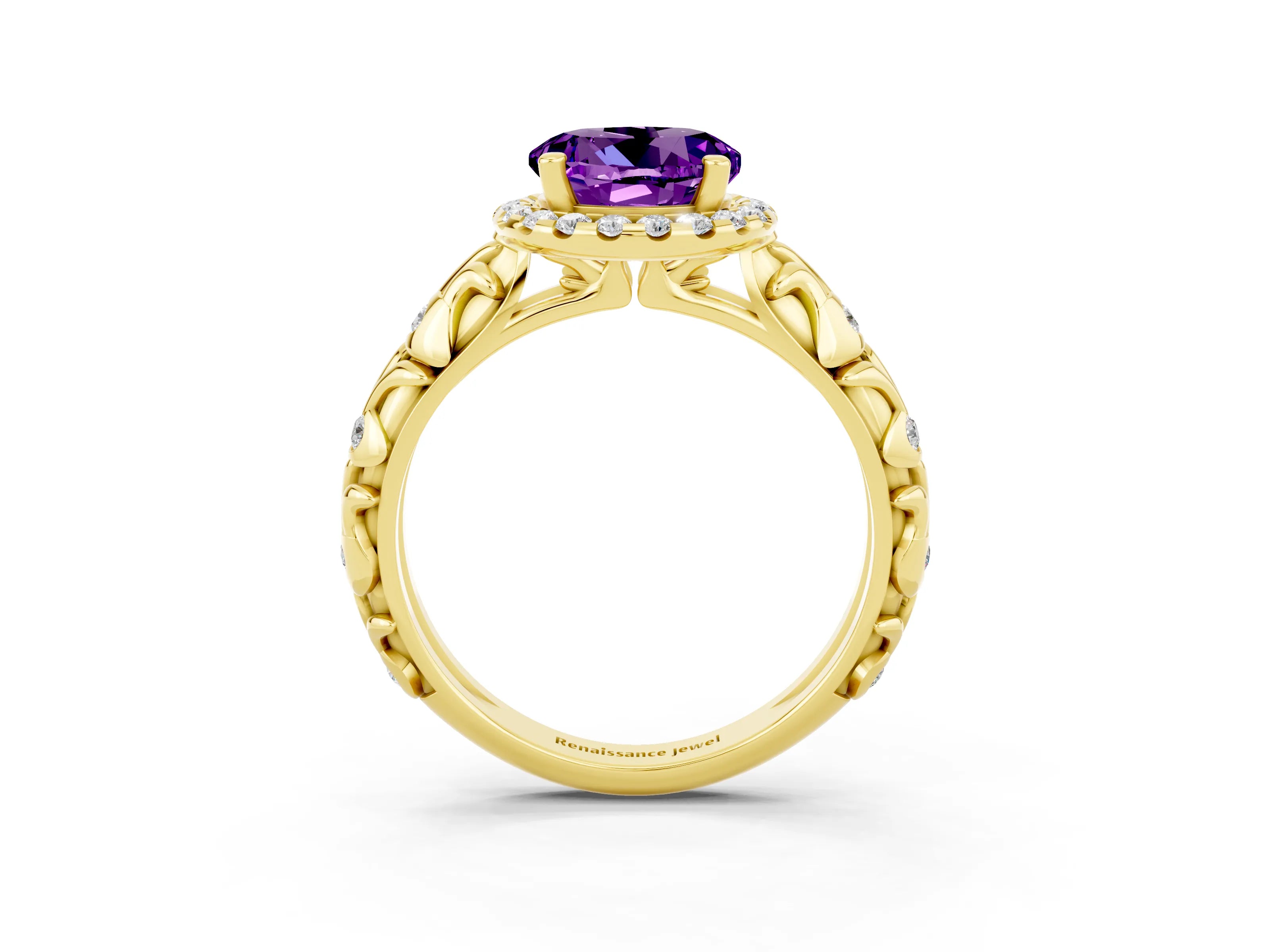 Yellow gold Round Cut Halo Diamond Solitaire with Filigree Band and Four-Prong Setting_3