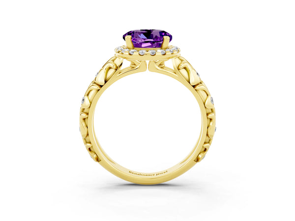 Yellow gold Round Cut Amethyst Halo Ring with Filigree Band and Prong Setting