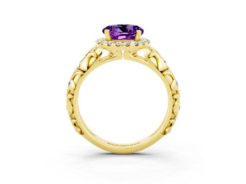 Yellow gold Round Cut Halo Diamond Solitaire with Filigree Band and Four-Prong Setting_3