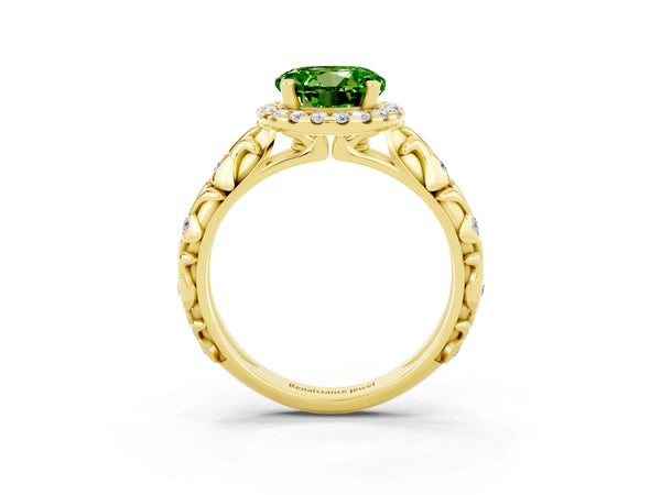 Yellow gold Round Cut Peridot Halo Ring with Filigree Band and Prong Setting