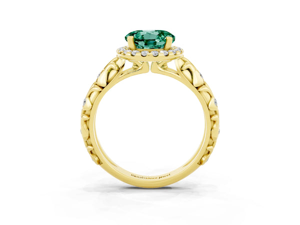 Yellow gold Round Cut Green Sapphire Halo Ring with Filigree Band and Prong Setting