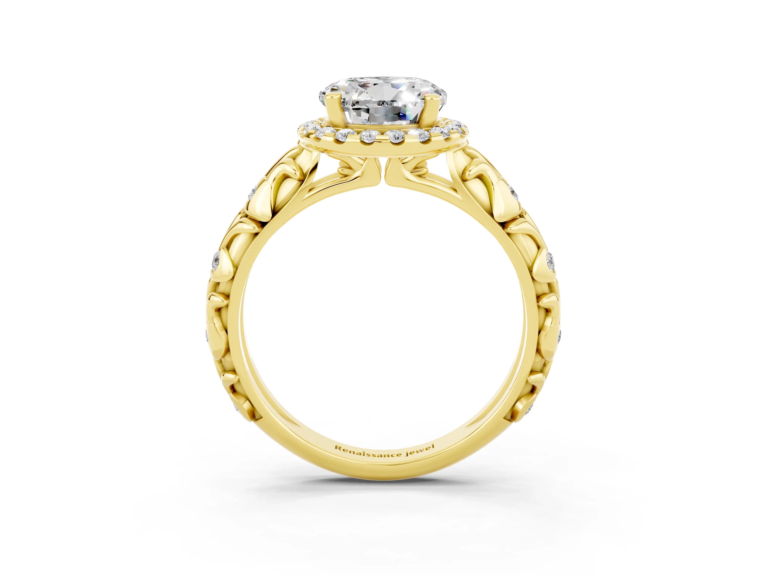 Yellow gold Round Cut Halo Diamond Solitaire with Filigree Band and Four-Prong Setting_3