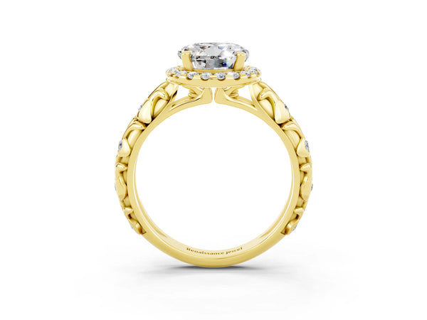 Yellow gold Round Cut Moissanite Halo Ring with Filigree Band and Prong Setting