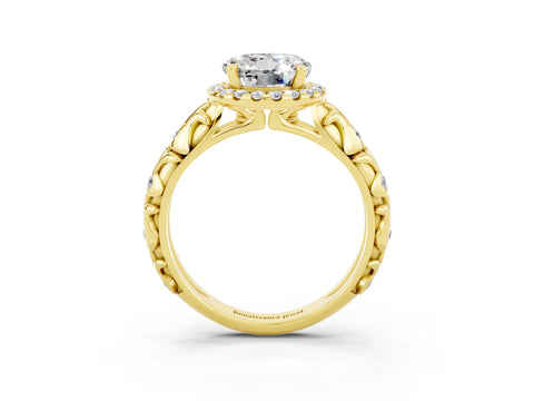 Yellow gold Round Cut Halo Diamond Solitaire with Filigree Band and Four-Prong Setting_3