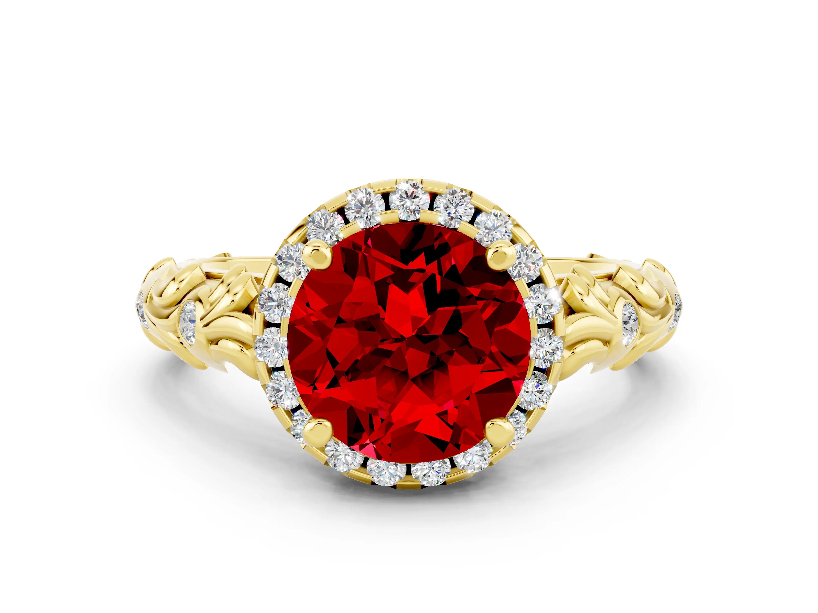 Yellow gold Round Cut Halo Diamond Solitaire with Filigree Band and Four-Prong Setting