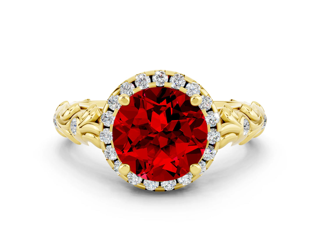 Yellow gold Round Cut Halo Diamond Solitaire with Filigree Band and Four-Prong Setting