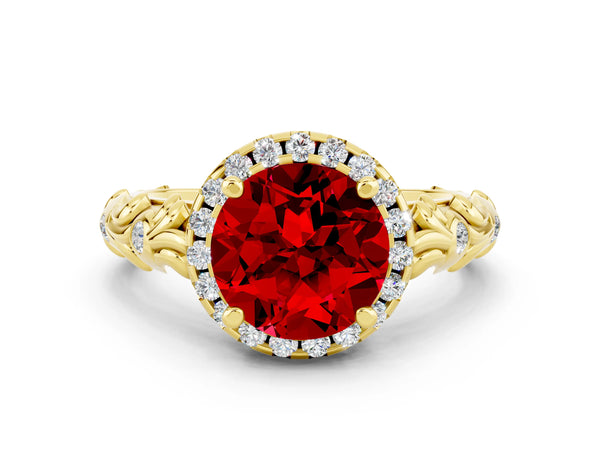 Yellow gold Round Cut Ruby Halo Ring with Filigree Band and Prong Setting