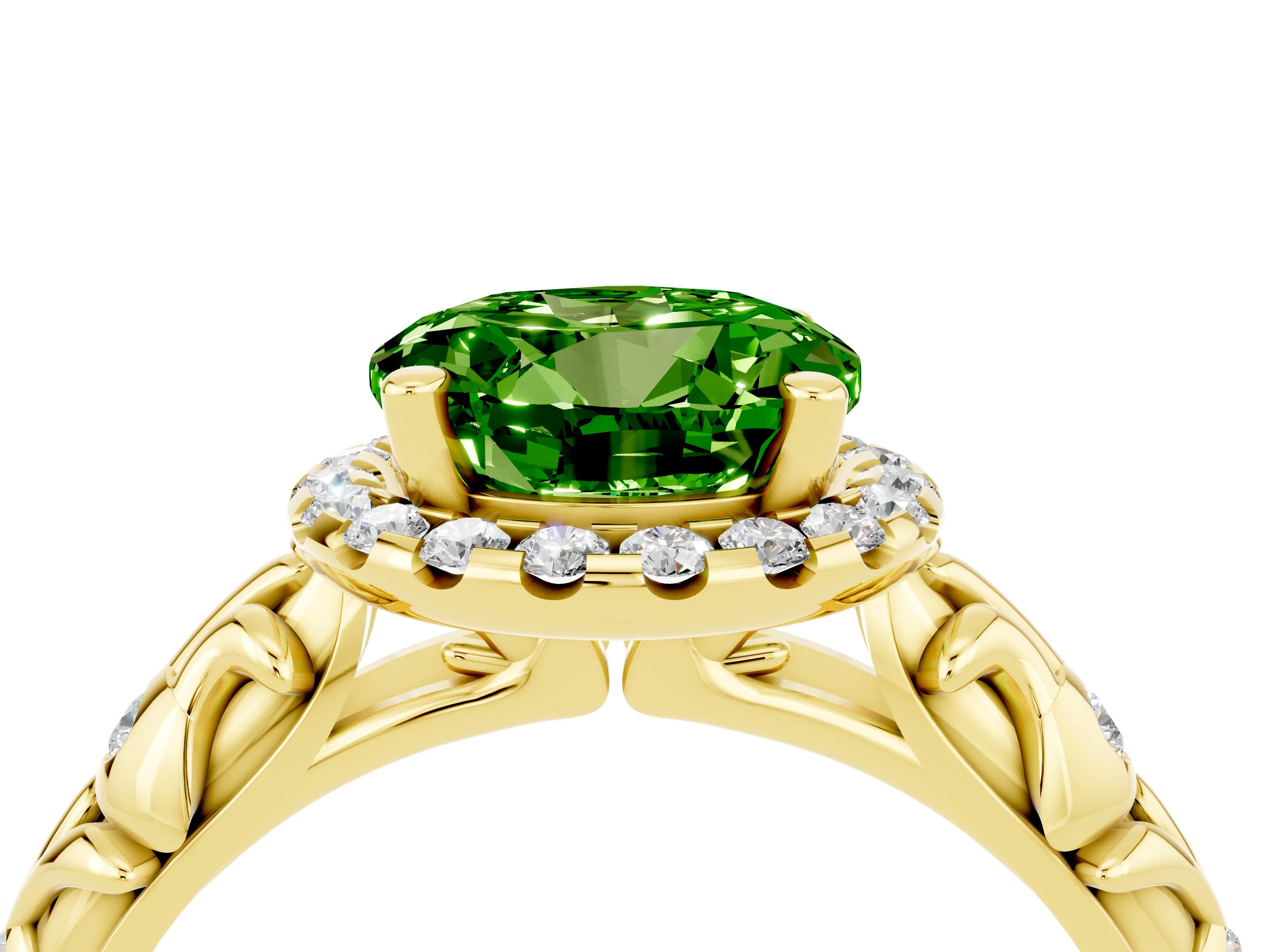 Yellow gold Round Cut Halo Diamond Solitaire with Filigree Band and Four-Prong Setting_4