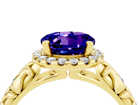 Yellow gold Round Cut Halo Diamond Solitaire with Filigree Band and Four-Prong Setting_4