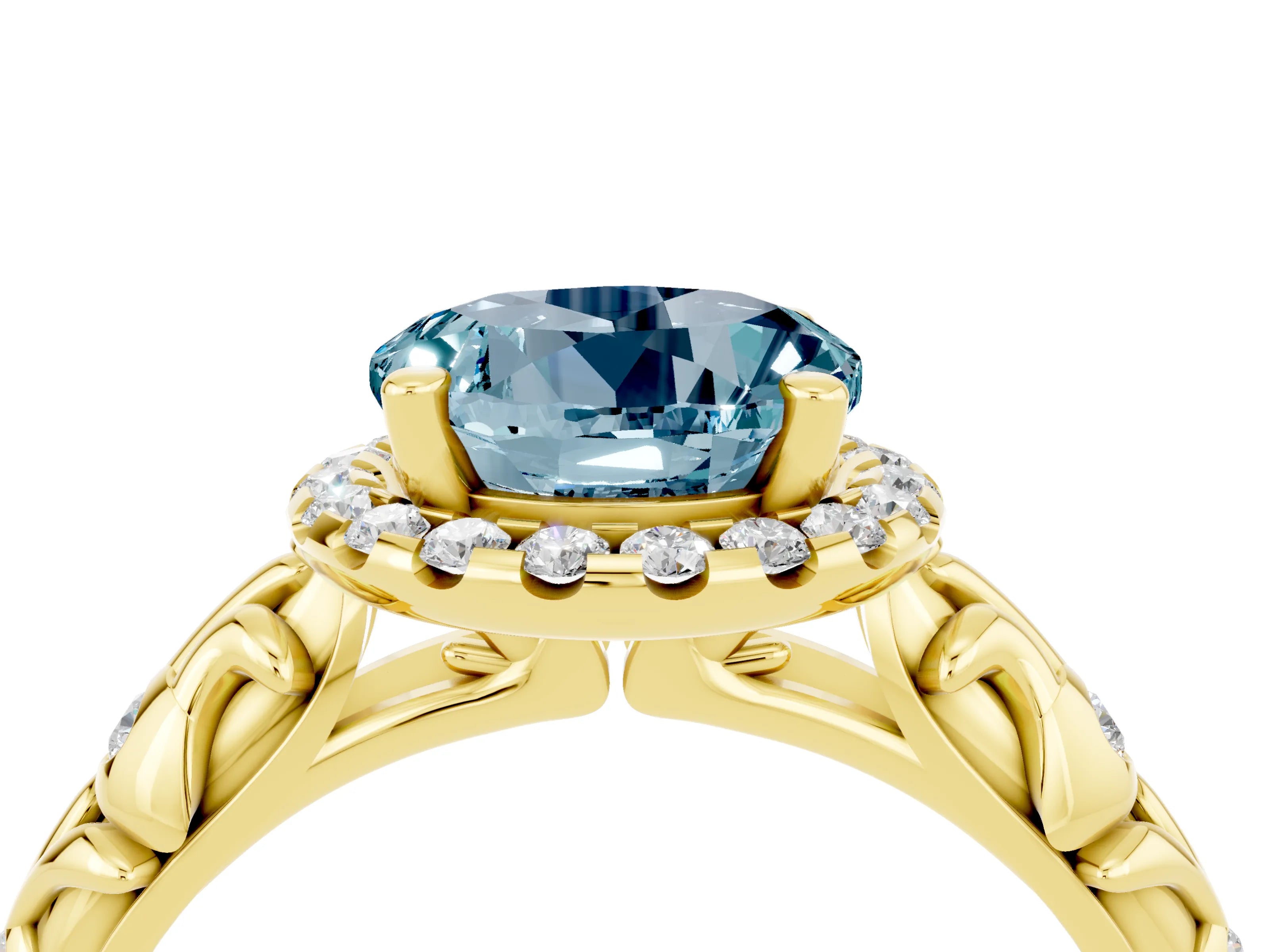 Yellow gold Round Cut Halo Diamond Solitaire with Filigree Band and Four-Prong Setting_4