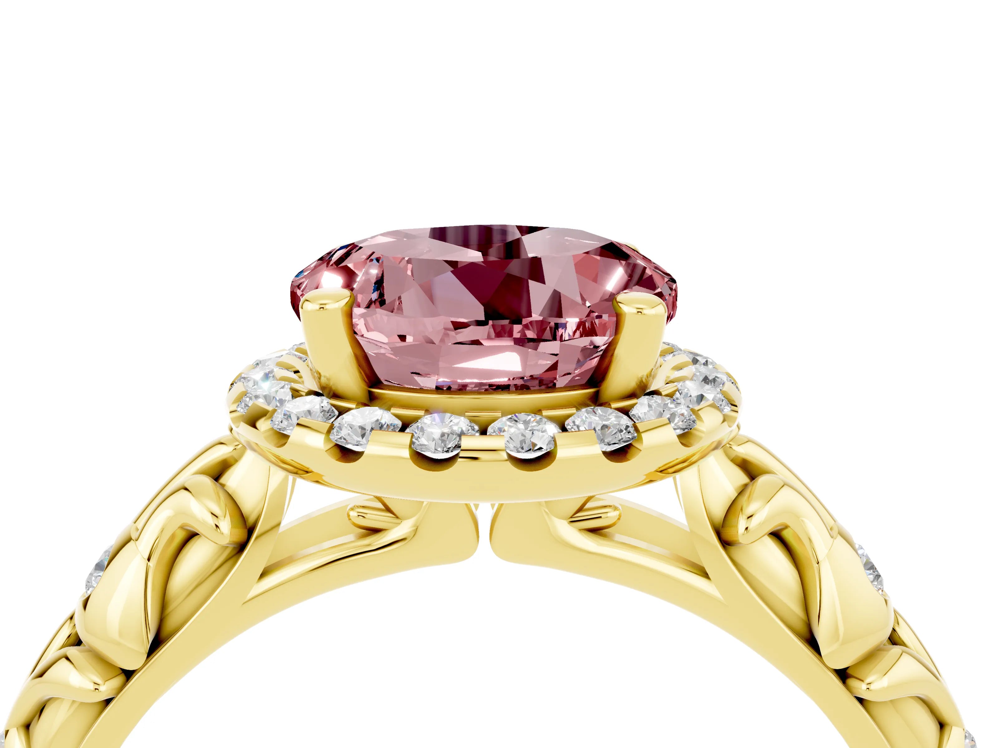 Yellow gold Round Cut Halo Diamond Solitaire with Filigree Band and Four-Prong Setting_4
