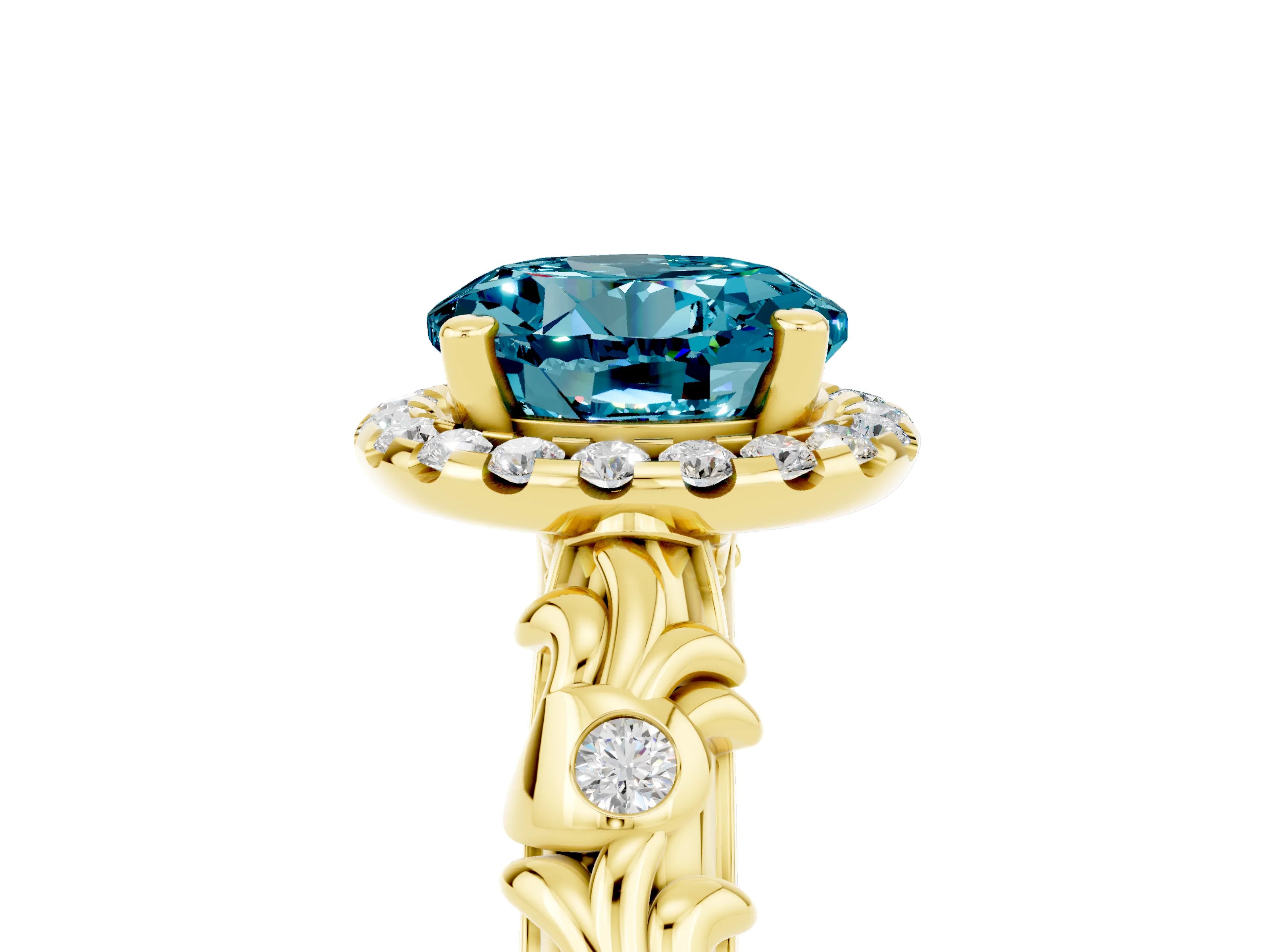 Yellow gold Round Cut Halo Diamond Solitaire with Filigree Band and Four-Prong Setting_5