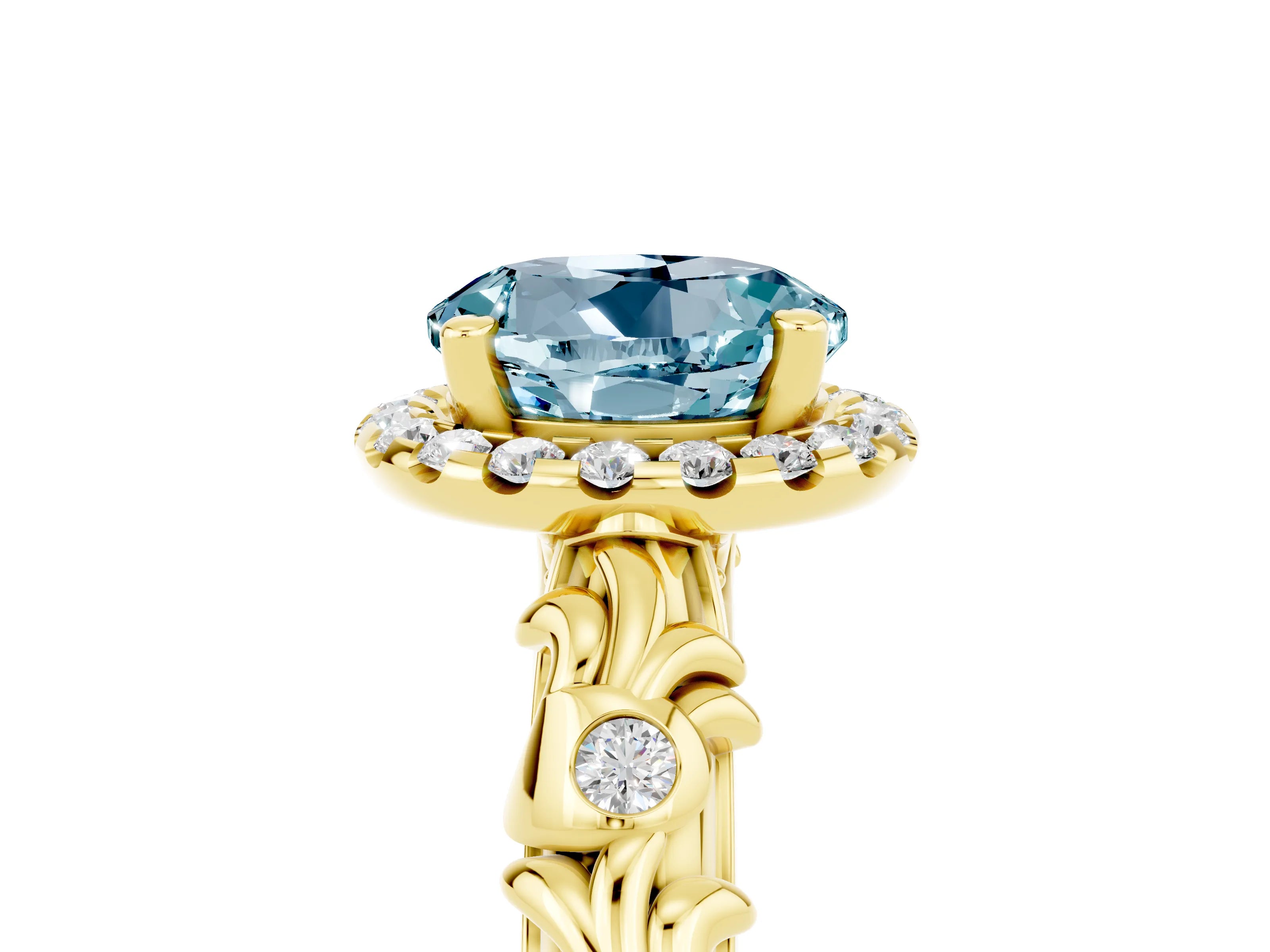Yellow gold Round Cut Halo Diamond Solitaire with Filigree Band and Four-Prong Setting_5