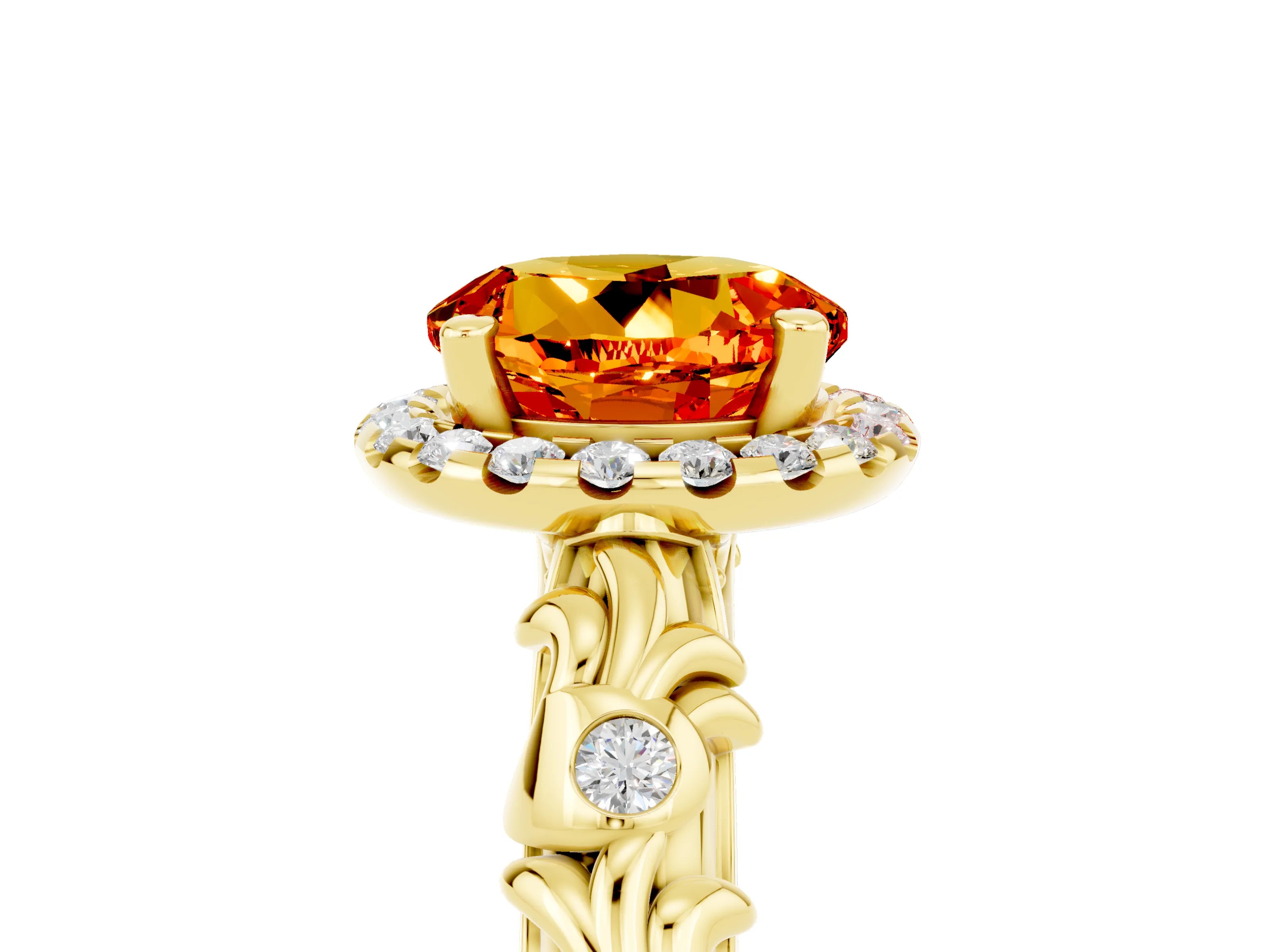 Yellow gold Round Cut Halo Diamond Solitaire with Filigree Band and Four-Prong Setting_5
