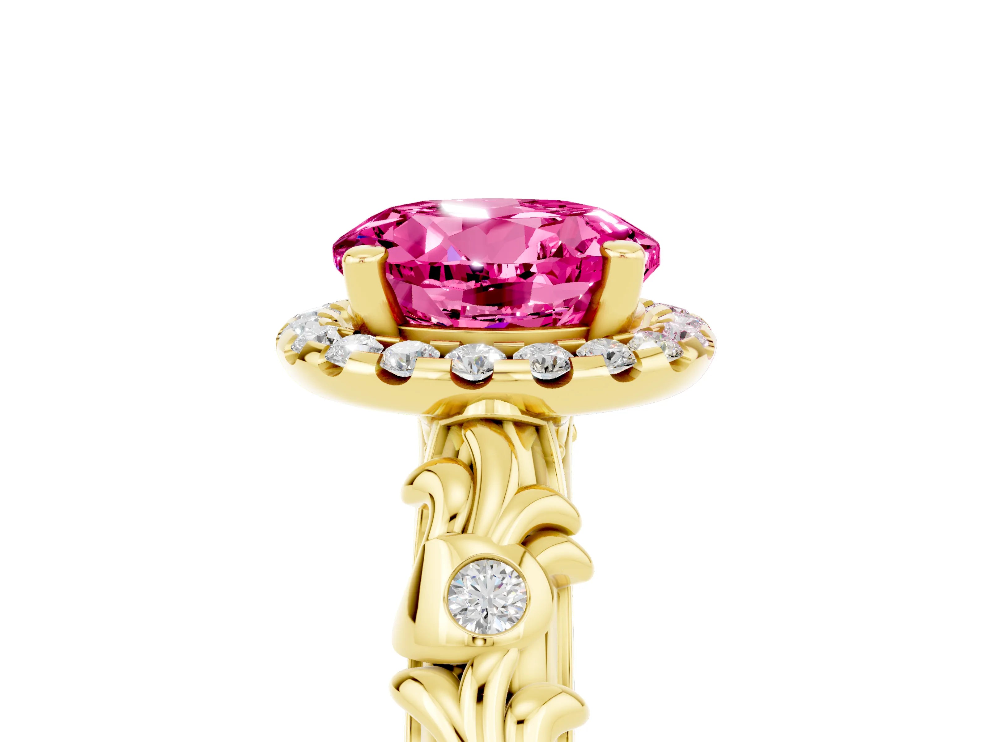 Yellow gold Round Cut Halo Diamond Solitaire with Filigree Band and Four-Prong Setting_5