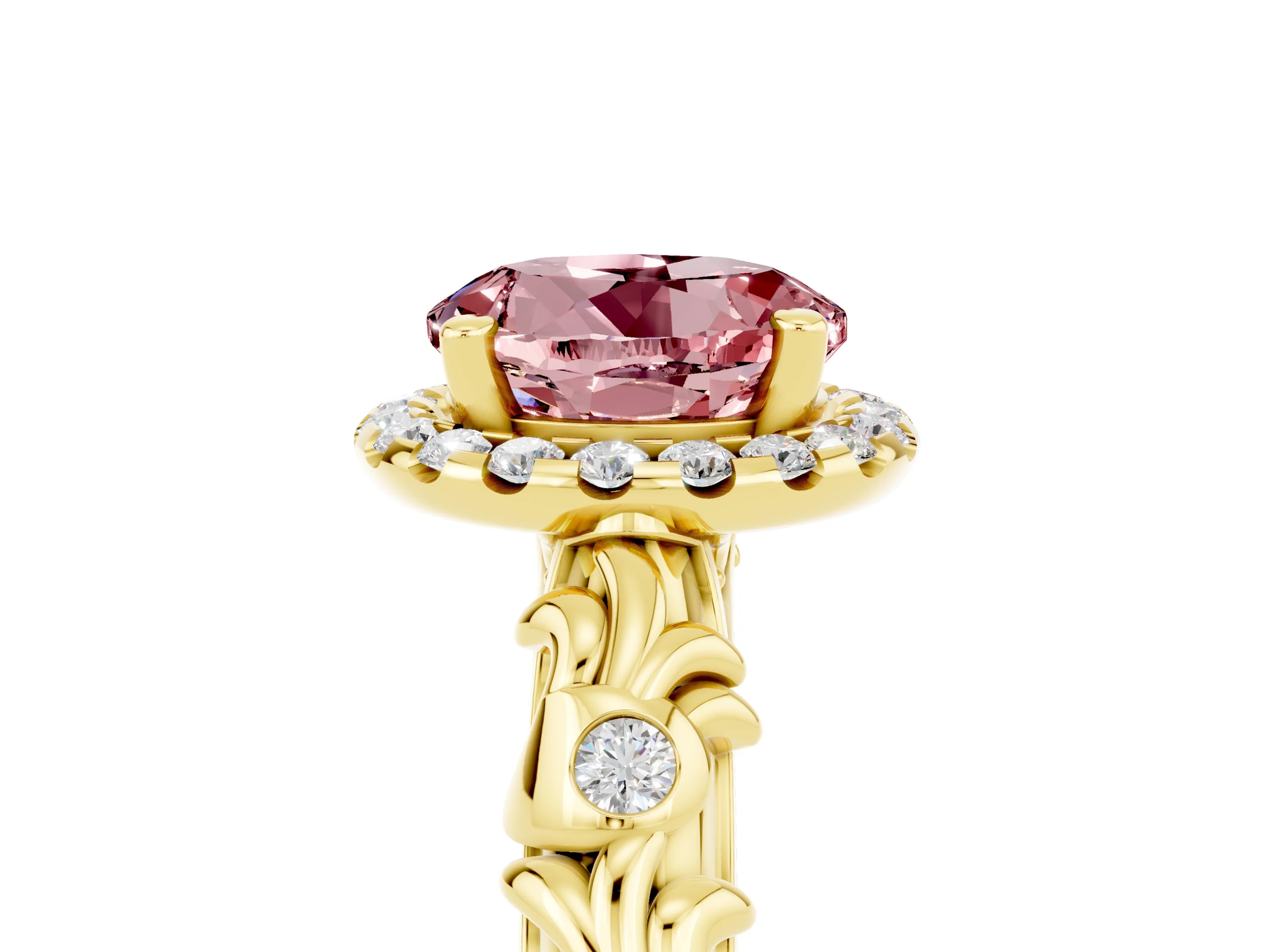 Yellow gold Round Cut Halo Diamond Solitaire with Filigree Band and Four-Prong Setting_5
