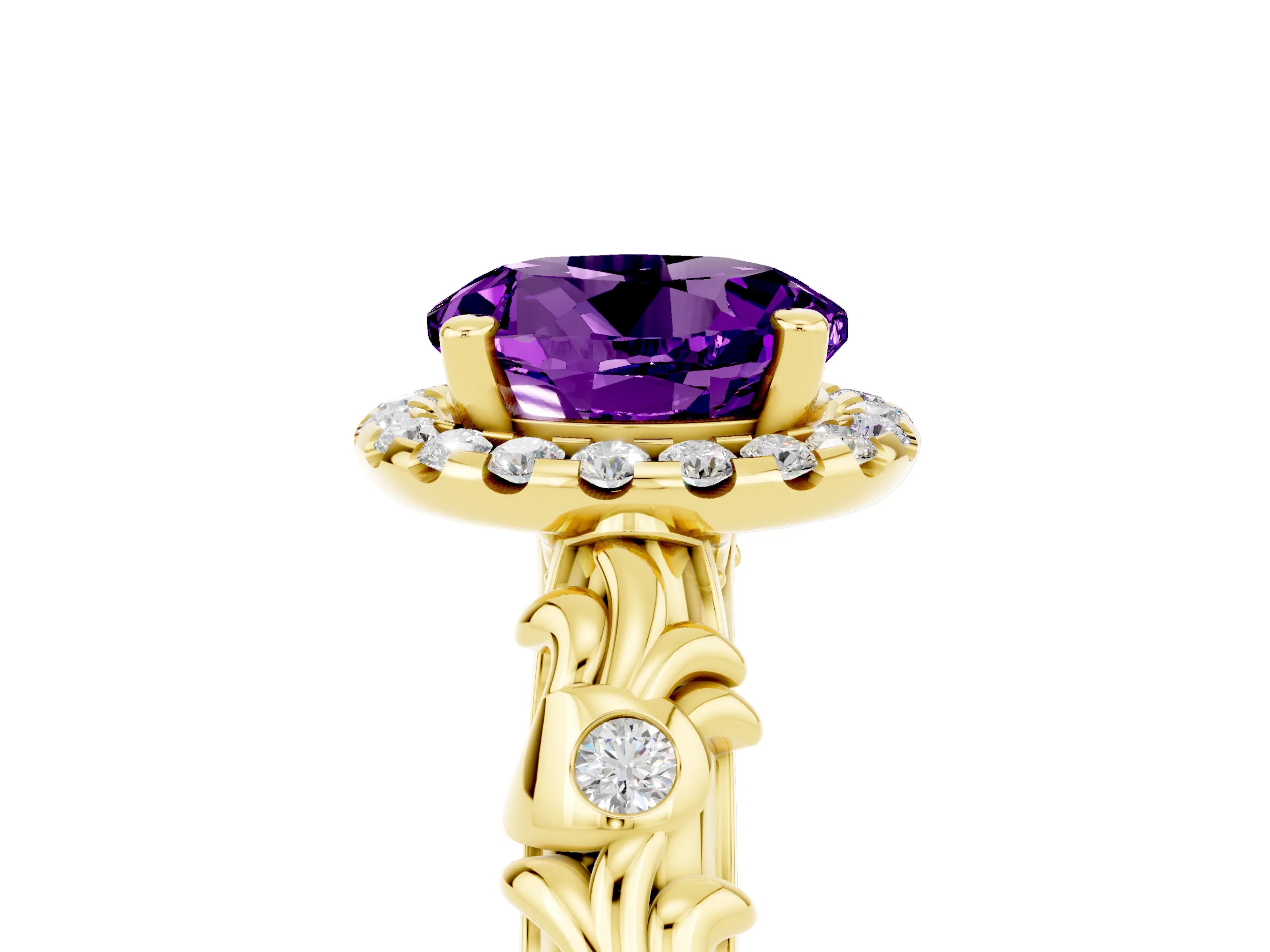 Yellow gold Round Cut Halo Diamond Solitaire with Filigree Band and Four-Prong Setting_5