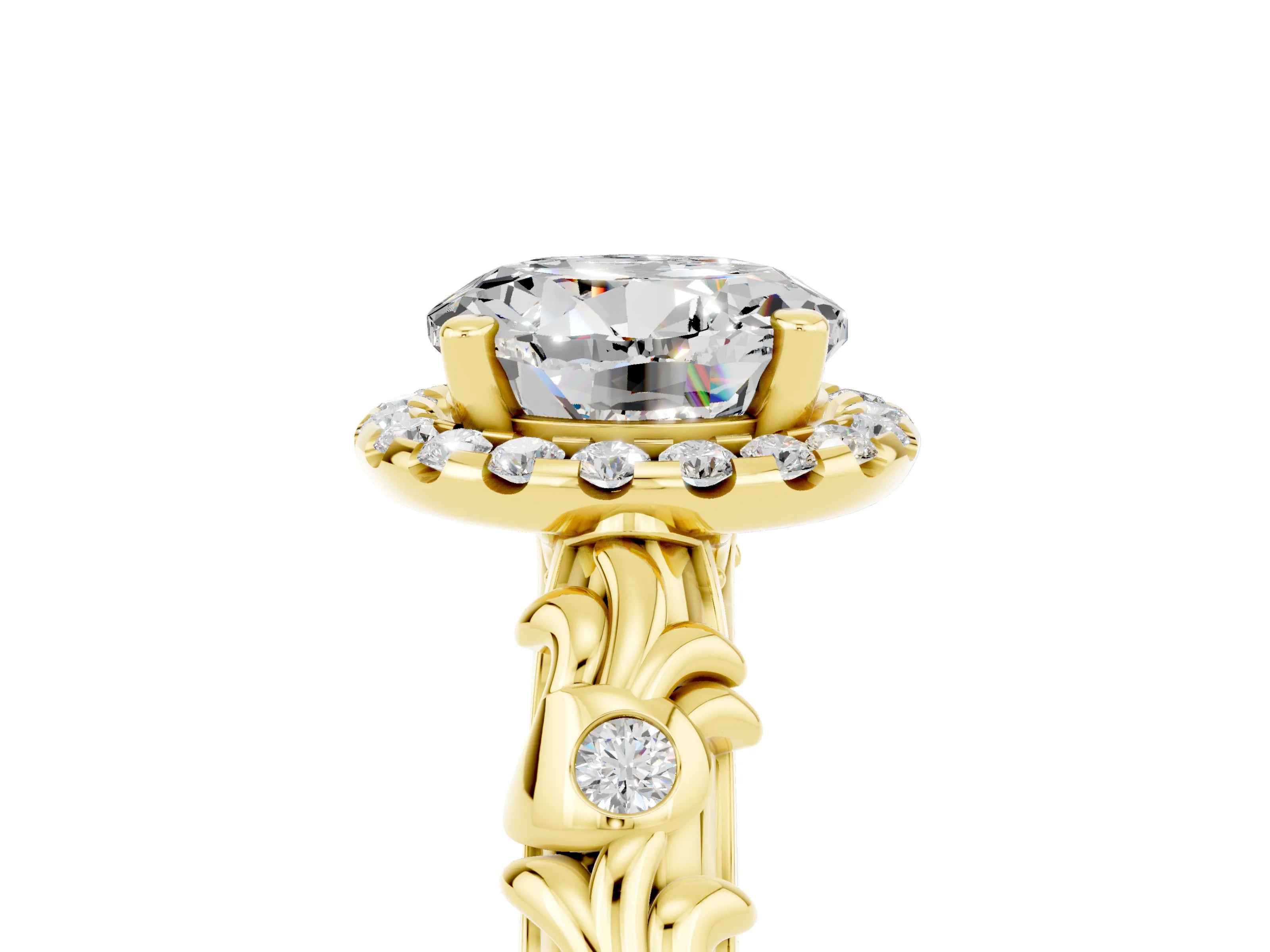 Yellow gold Round Cut Halo Diamond Solitaire with Filigree Band and Four-Prong Setting_5