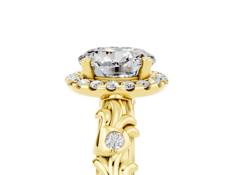 Yellow gold Round Cut Halo Diamond Solitaire with Filigree Band and Four-Prong Setting_5