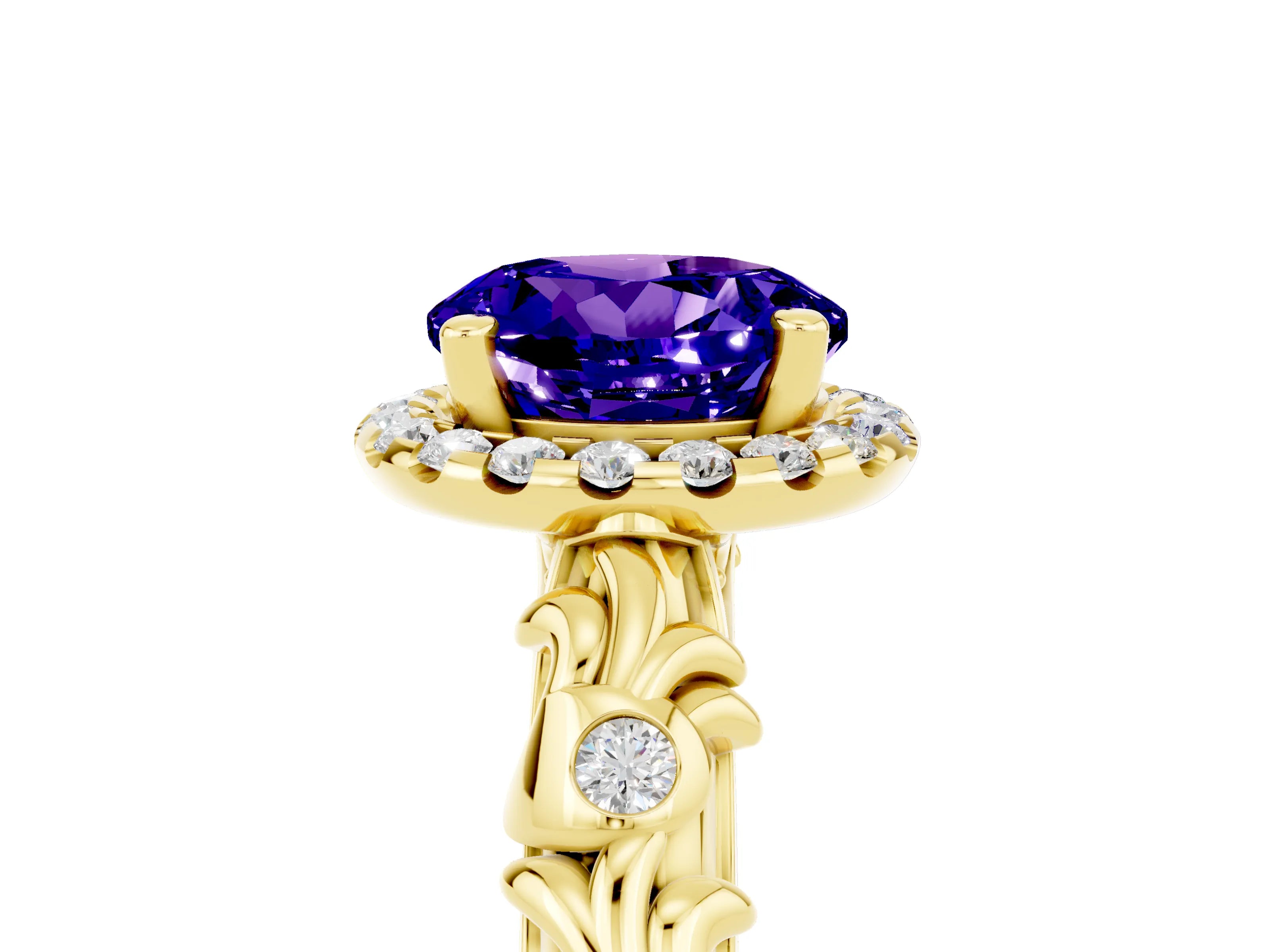 Yellow gold Round Cut Halo Diamond Solitaire with Filigree Band and Four-Prong Setting_5