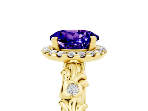 Yellow gold Round Cut Halo Diamond Solitaire with Filigree Band and Four-Prong Setting_5