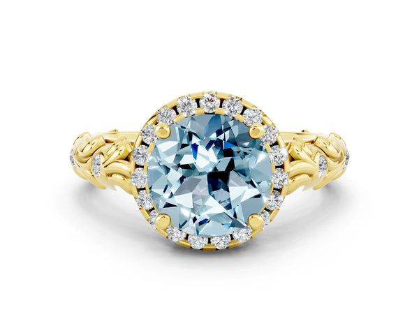 Yellow gold Round Cut Aquamarine Halo Ring with Filigree Band and Prong Setting