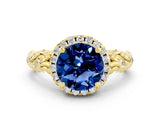 Yellow gold Round Cut Halo Diamond Solitaire with Filigree Band and Four-Prong Setting