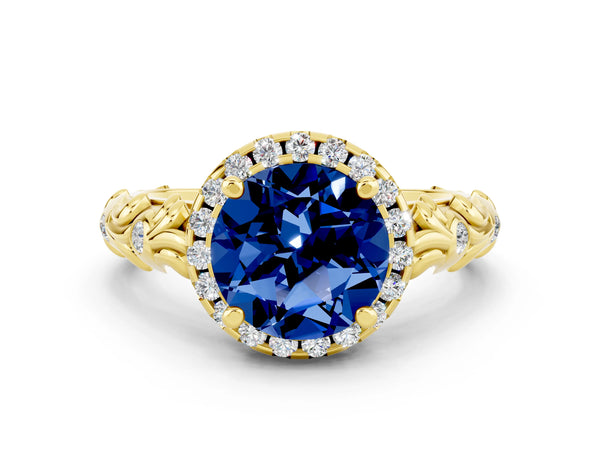 Yellow gold Round Cut Blue Sapphire Halo Ring with Filigree Band and Prong Setting