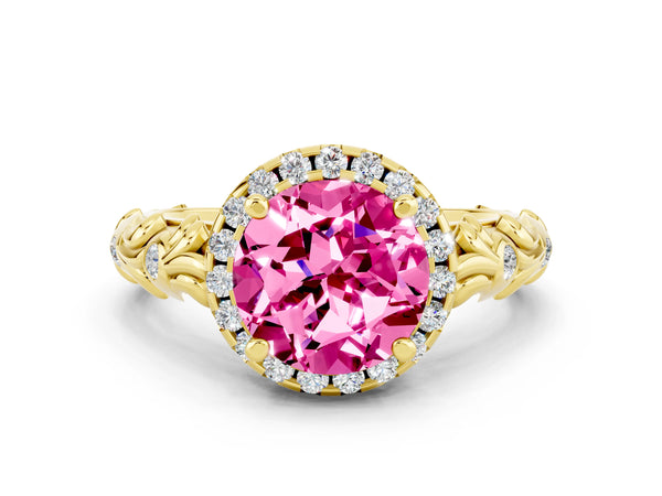 Yellow gold Round Cut Pink Sapphire Halo Ring with Filigree Band and Prong Setting