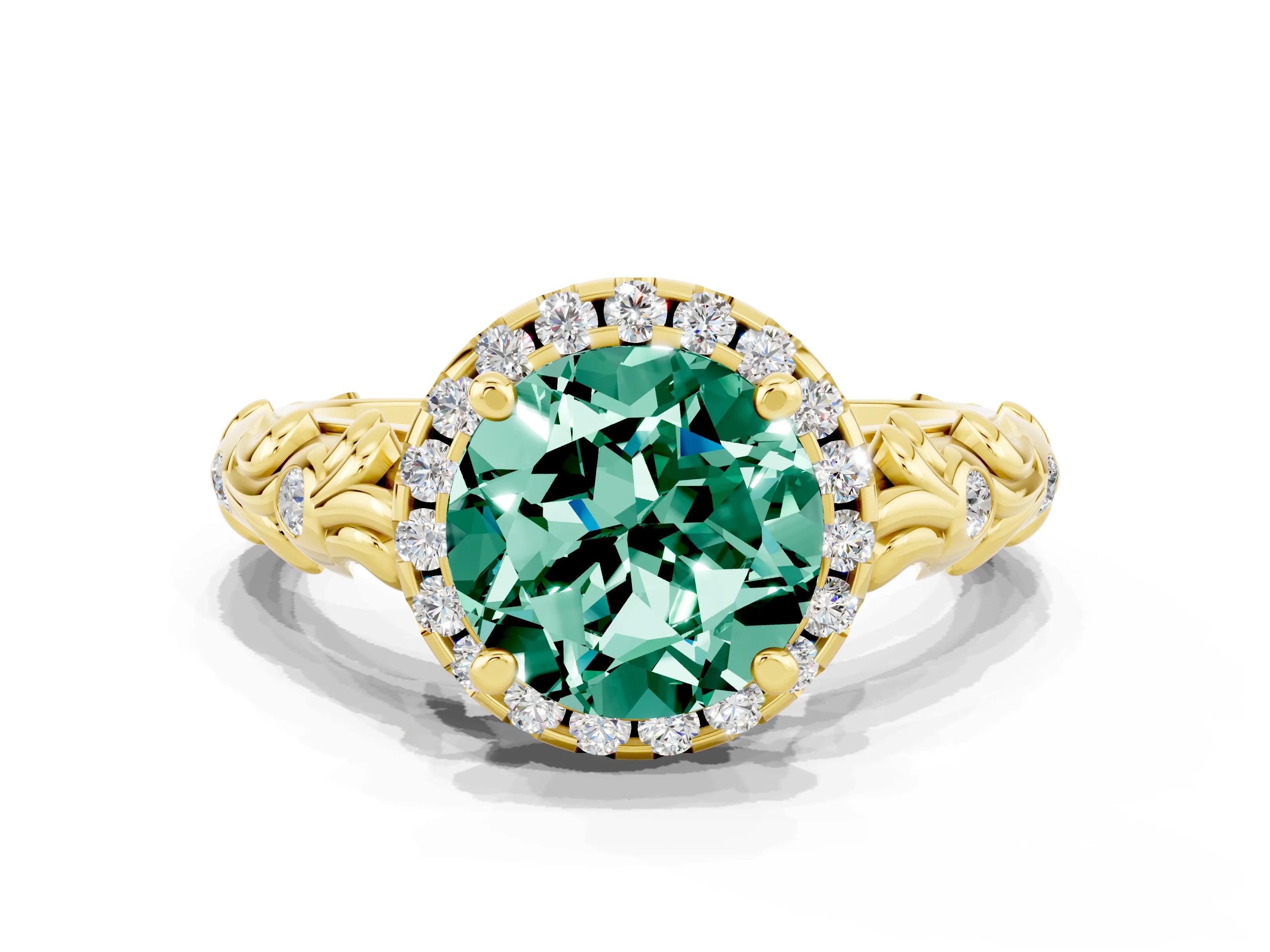 Yellow gold Round Cut Halo Diamond Solitaire with Filigree Band and Four-Prong Setting