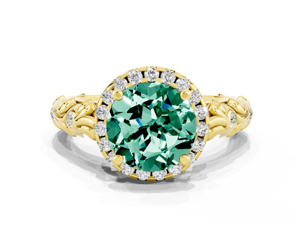 Yellow gold Round Cut Green Sapphire Halo Ring with Filigree Band and Prong Setting