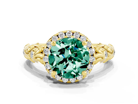 Yellow gold Round Cut Halo Diamond Solitaire with Filigree Band and Four-Prong Setting
