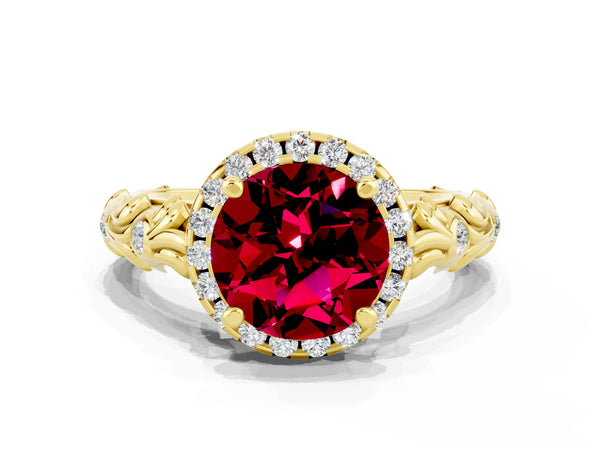 Yellow gold Round Cut Garnet Halo Ring with Filigree Band and Prong Setting