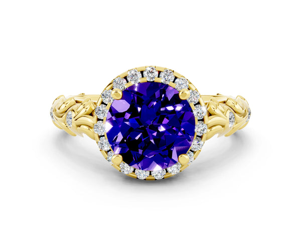Yellow gold Round Cut Tanzanite Halo Ring with Filigree Band and Prong Setting