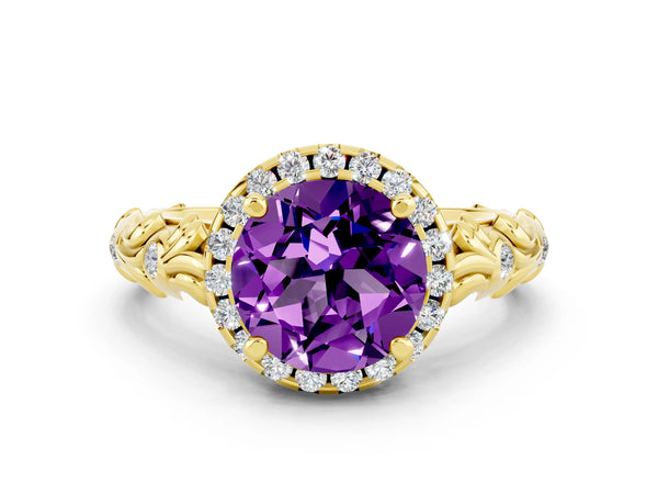 Yellow gold Round Cut Amethyst Halo Ring with Filigree Band and Prong Setting