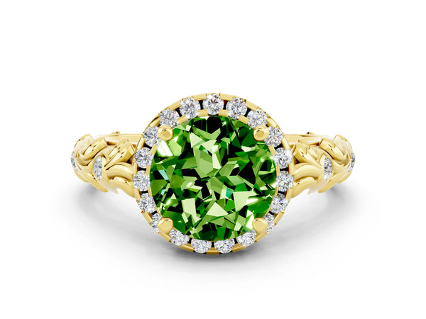 Yellow gold Round Cut Peridot Halo Ring with Filigree Band and Prong Setting