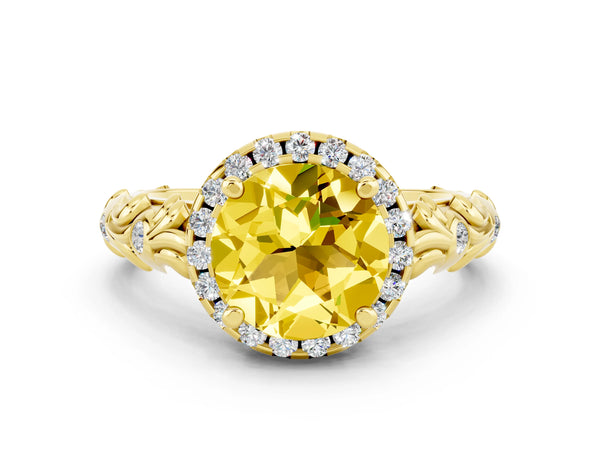 Yellow gold Round Cut Yellow Sapphire Halo Ring with Filigree Band and Prong Setting