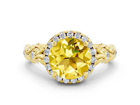 Yellow gold Round Cut Halo Diamond Solitaire with Filigree Band and Four-Prong Setting