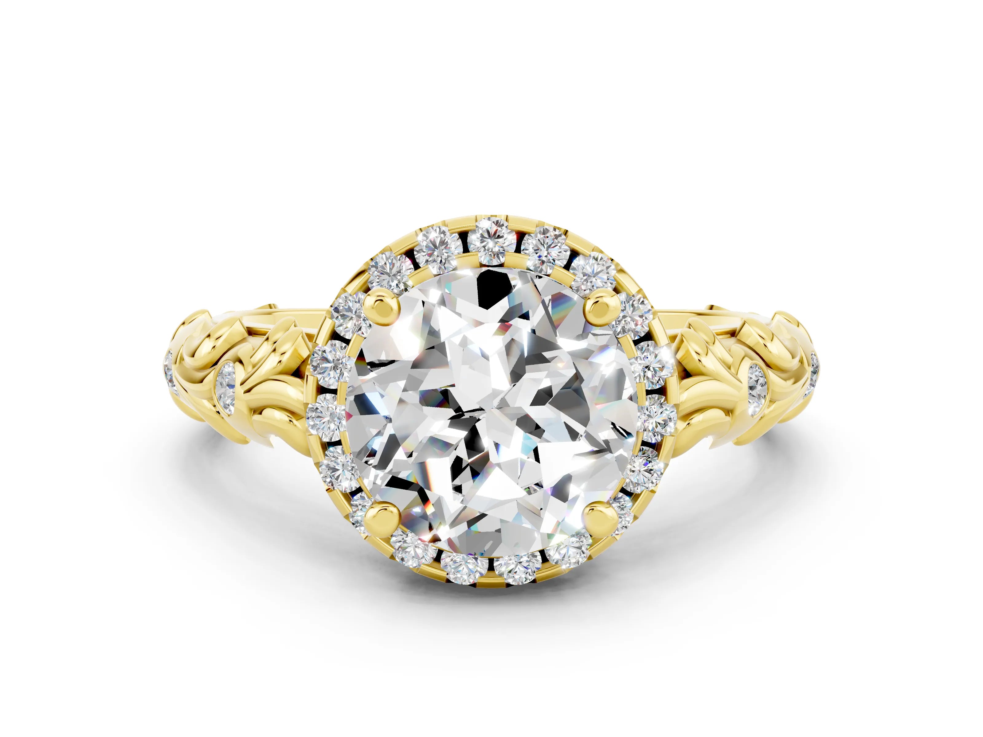 Yellow gold Round Cut Halo Diamond Solitaire with Filigree Band and Four-Prong Setting